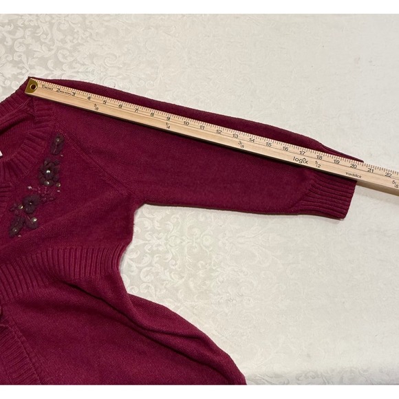 DKNY JEANS PETITES Women Burgundy Embellished Cardigan Sweater Size M 3/4 Sleeve - Picture 5 of 8
